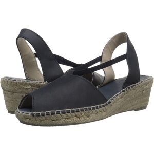 Andre Assous Black Leather Dainty Espadrille Wedge Sandal